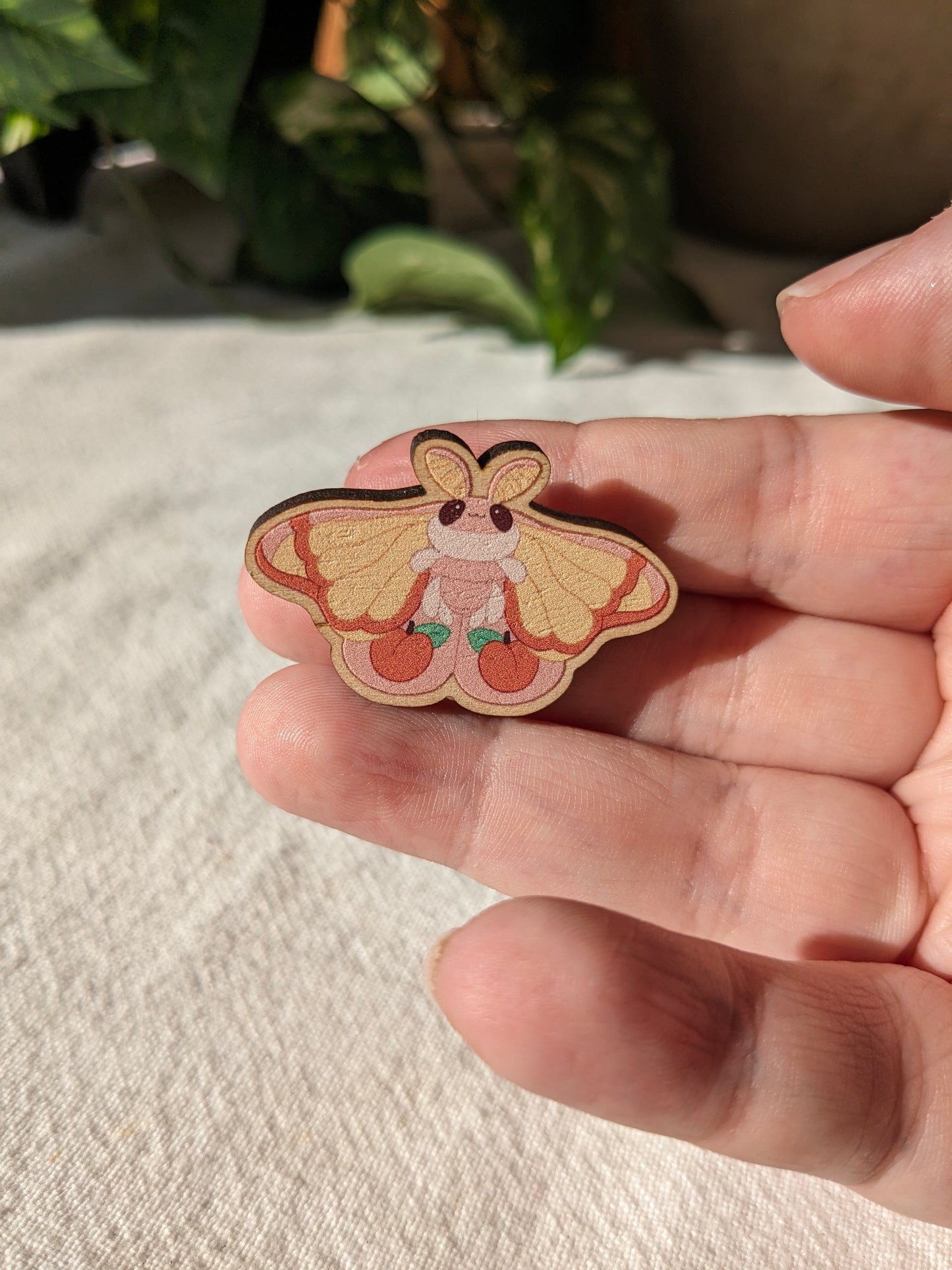 Peachy Moth Wooden Pin | 1.5 Inches