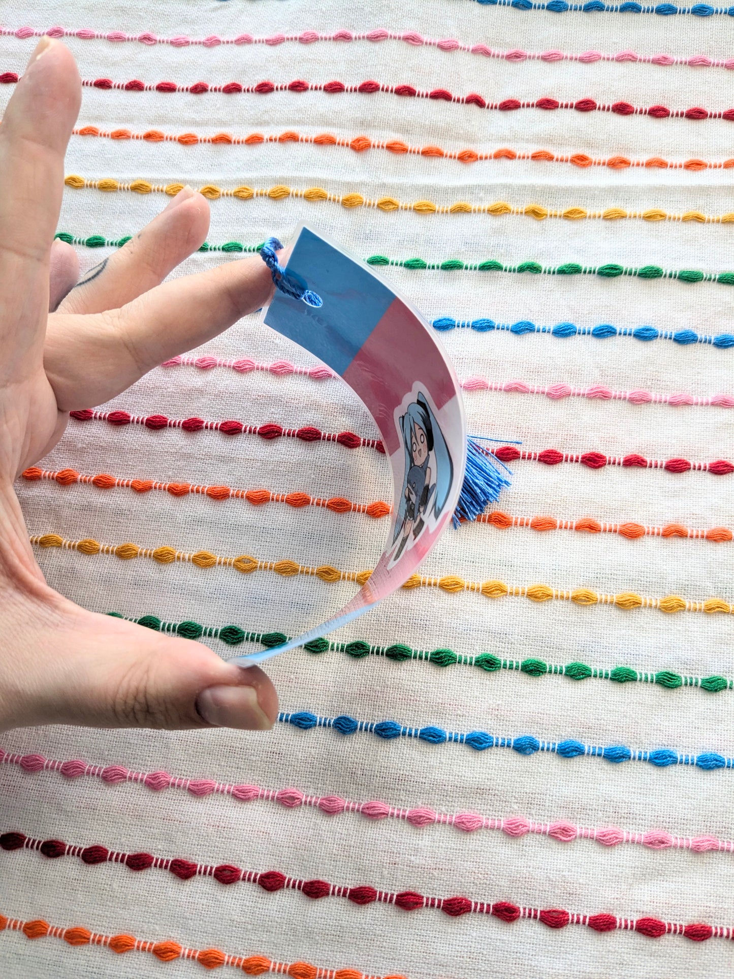 Hatsune Miku Blahaj Handmade Double Sided Bookmark with Multicolored Tassel