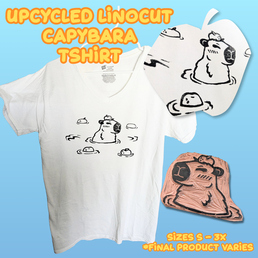 Capybara Handmade Linocut Upcycled TShirt