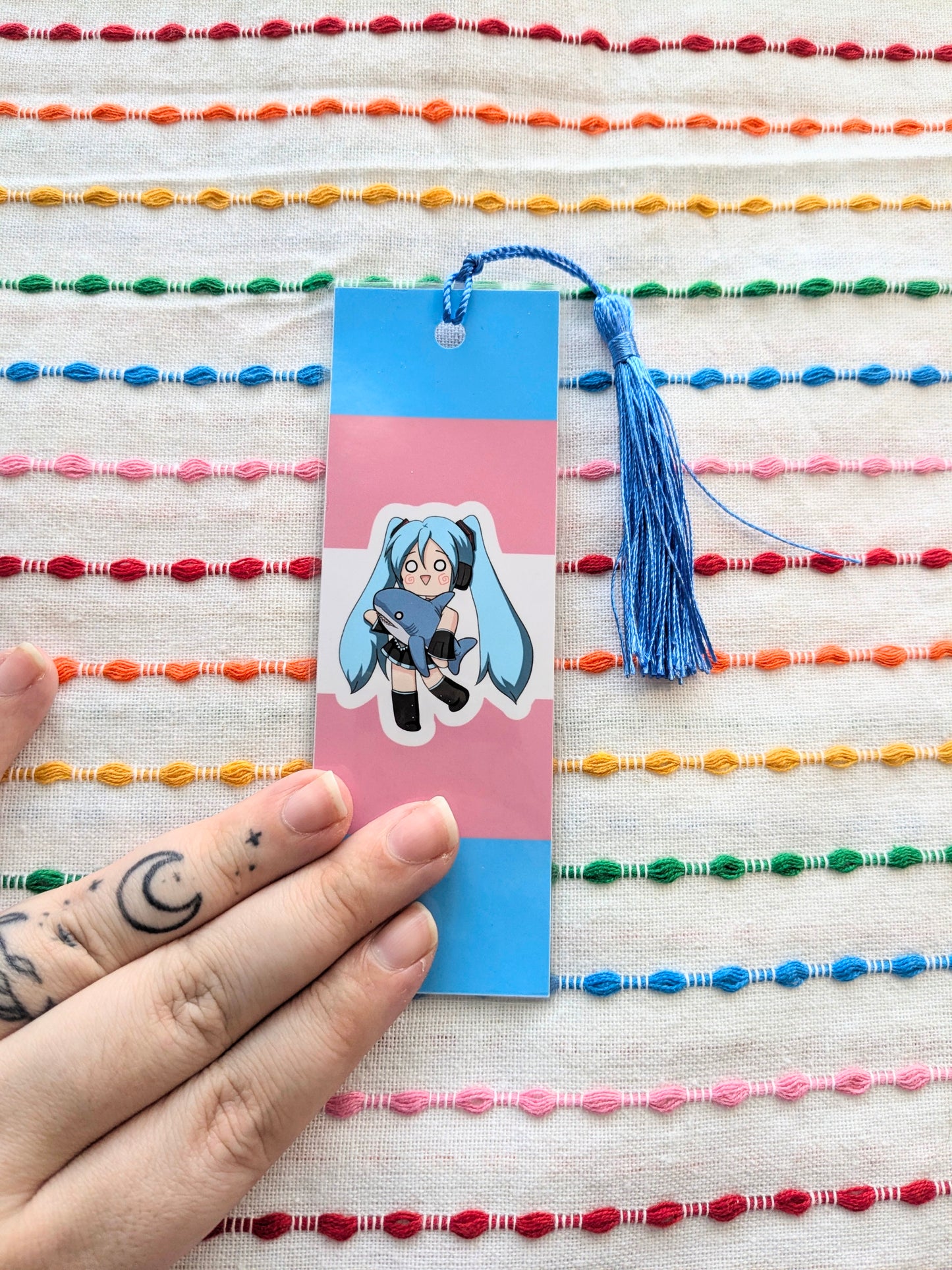 Hatsune Miku Blahaj Handmade Double Sided Bookmark with Multicolored Tassel