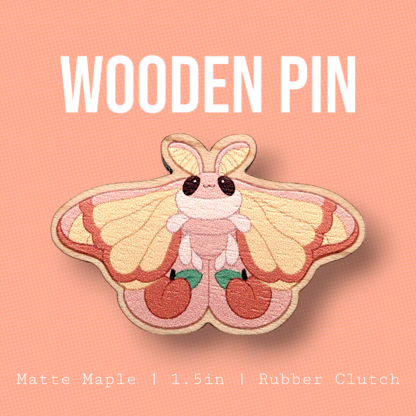 Peachy Moth Wooden Pin | 1.5 Inches